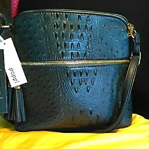 BNWT Luxurious DARK INIGO BLUE Crossbody Bag W/ Gold Zipper, TASSELS BY POPPI